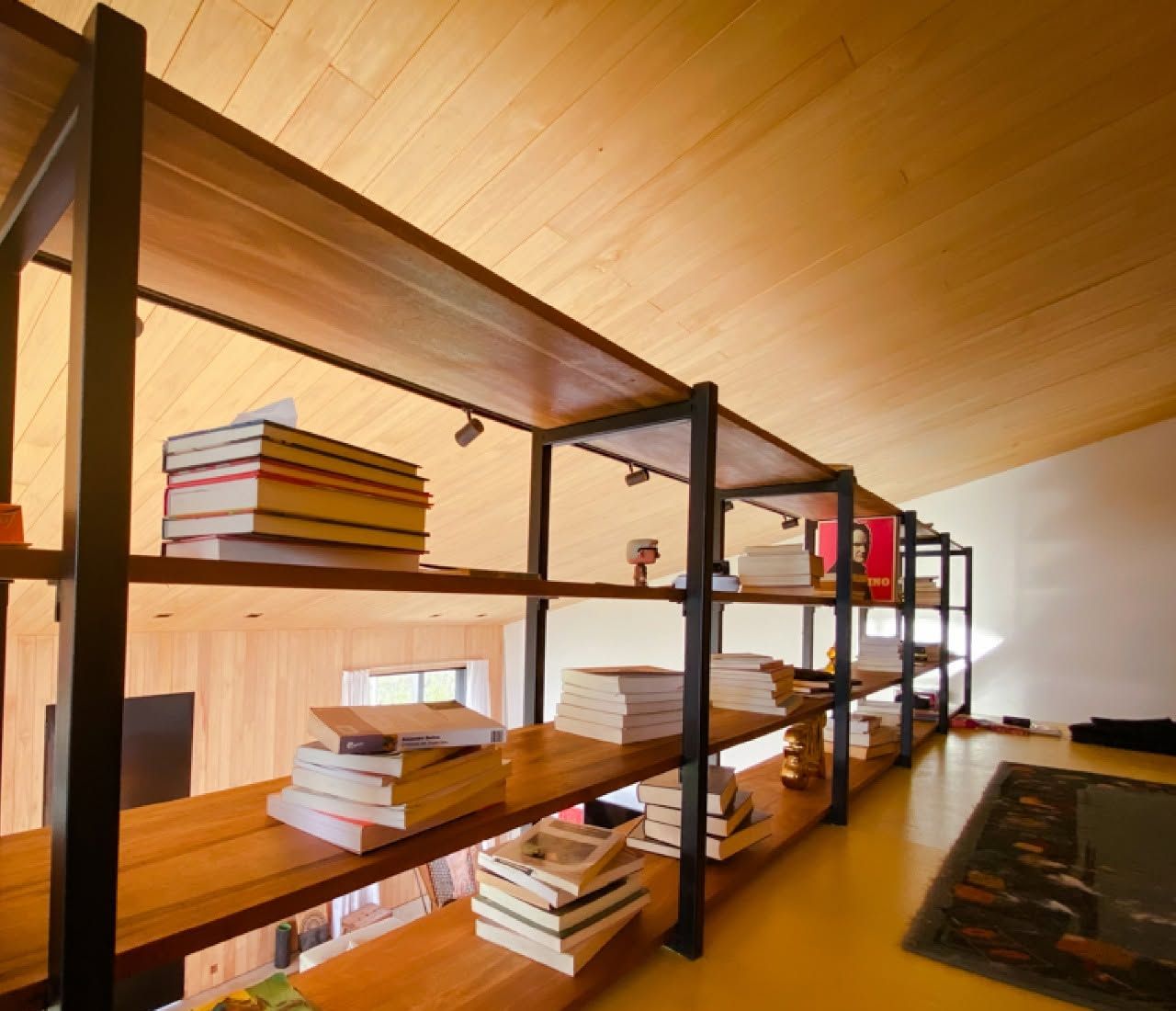 Biblioteca larga de madera y hierro
