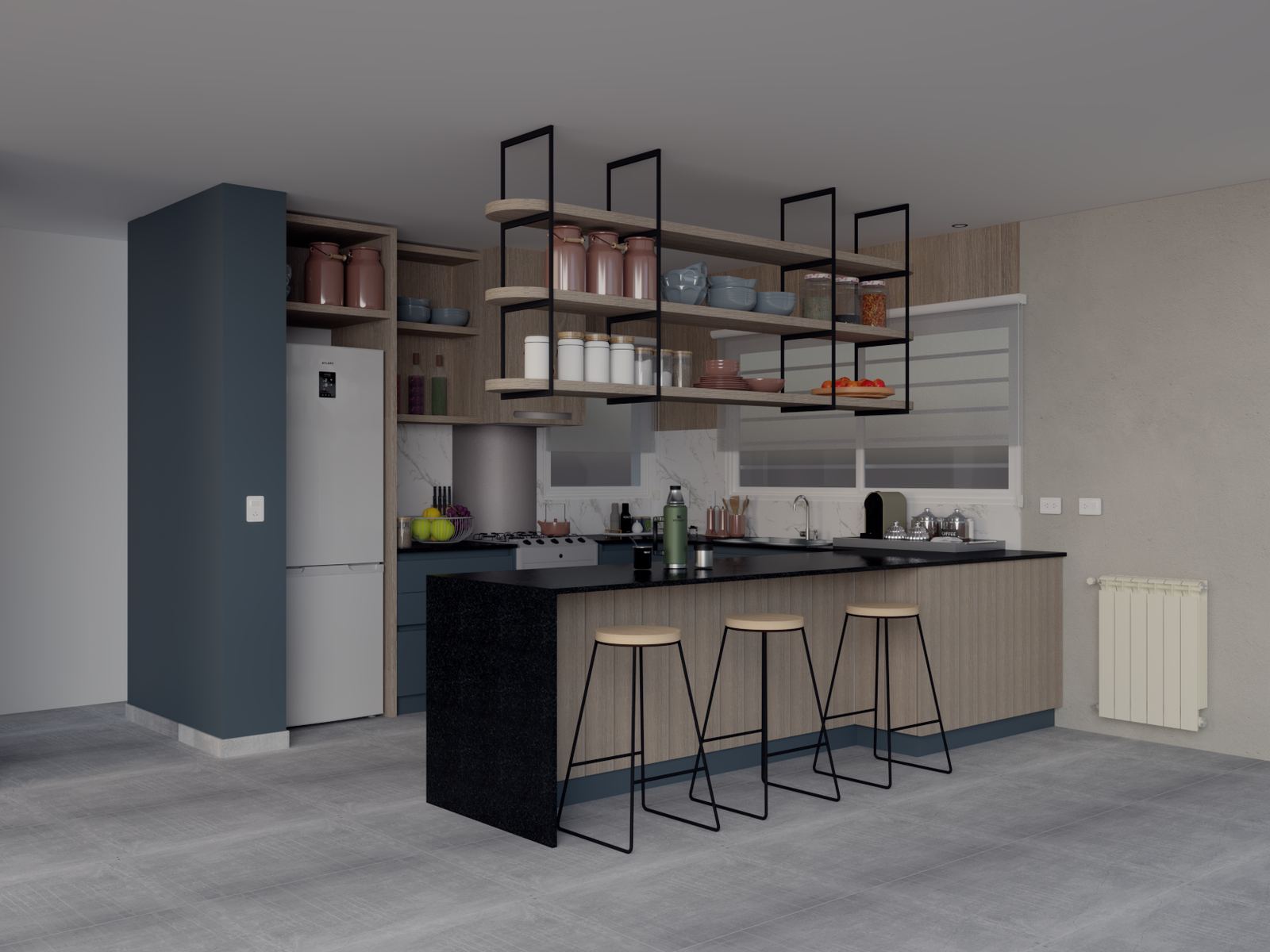 Render de una cocina con estante colgante de hierro